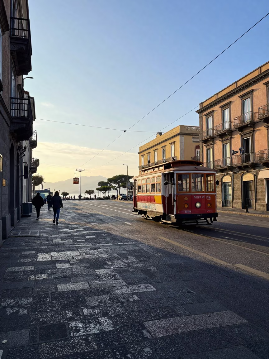 Naples Italy Morning Street Scene with Cable Car and Local Market Produce in in Naples, Italy