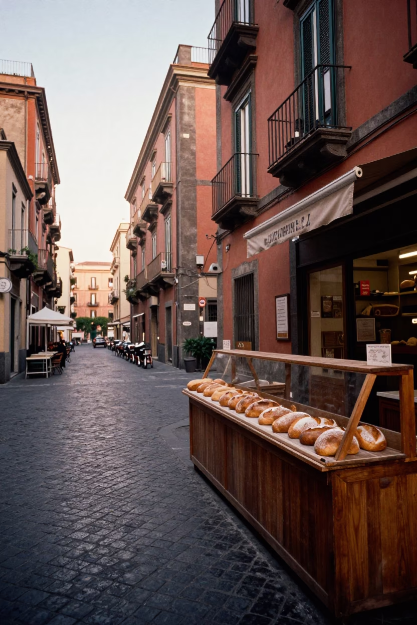 Naples Italy Morning Street Scene with Colorful Facades and Local Bakery Details in in Naples, Italy