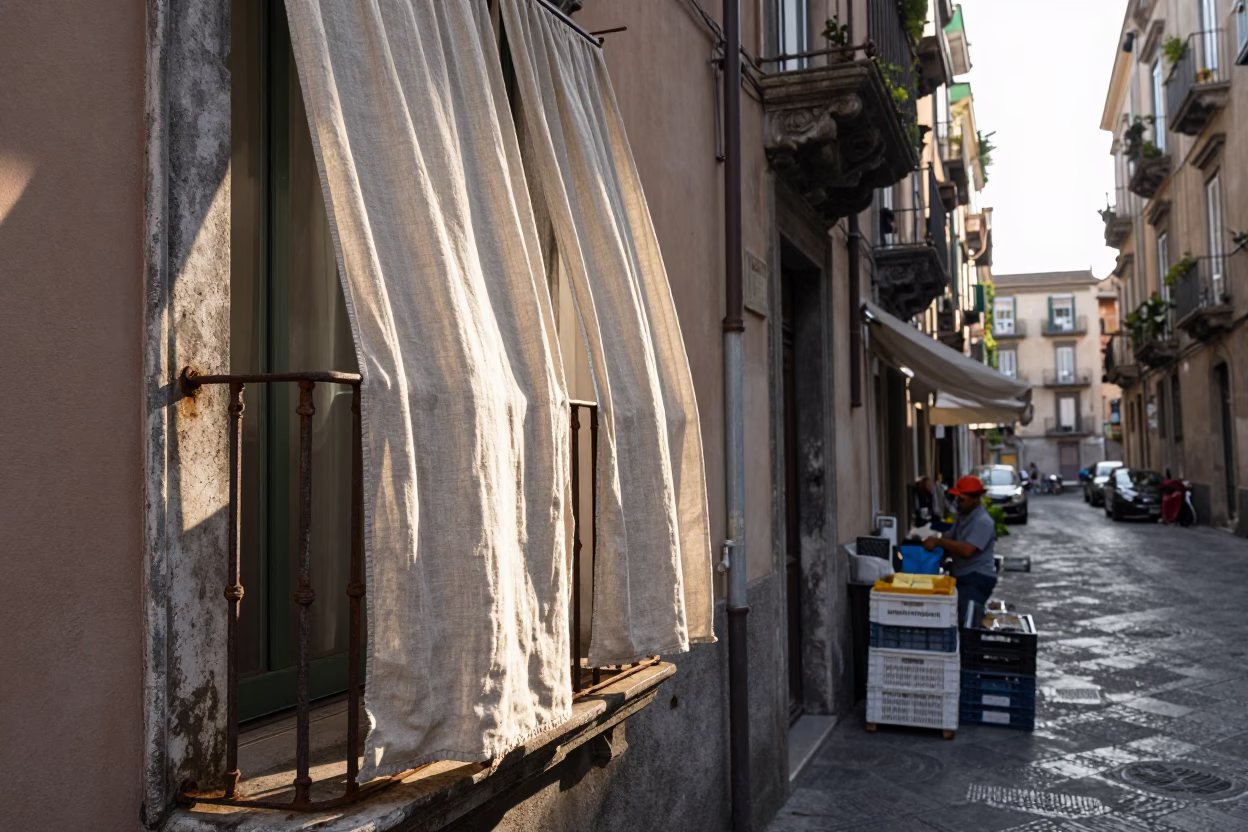 Naples Italy Morning Street Scene with Linen Curtains and Glass Jar Sunlight in in Naples, Italy