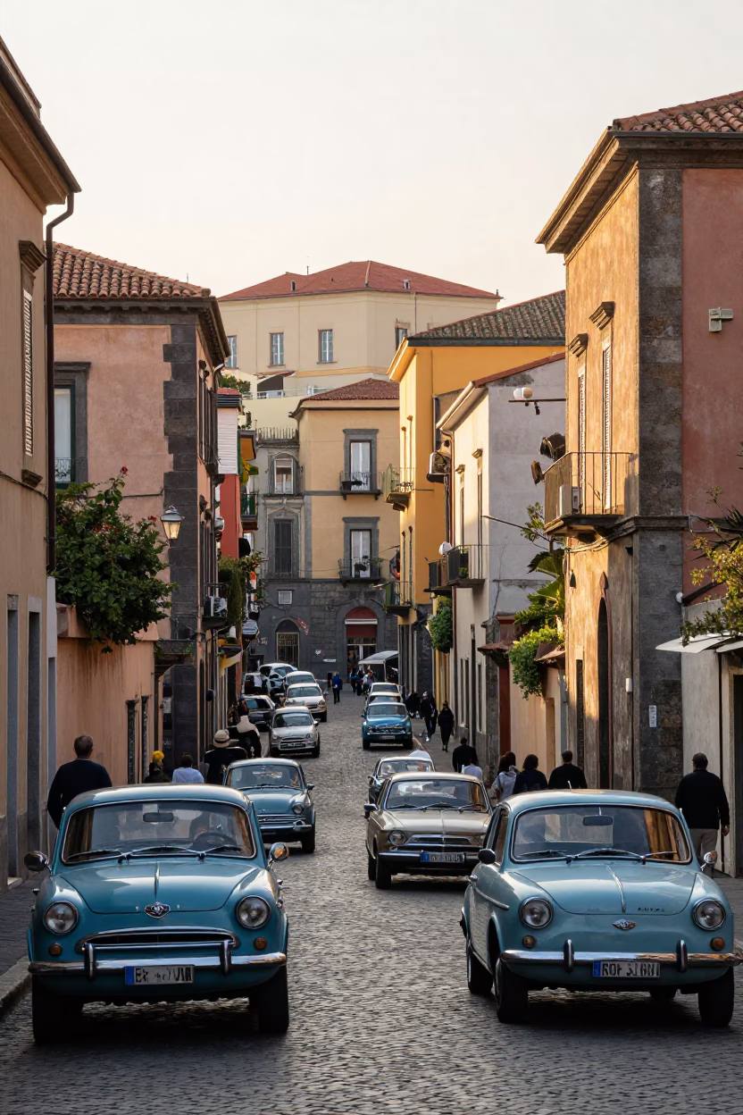 Naples Italy Morning Street Scene with Vintage Car Rally and Local Life in in Naples, Italy