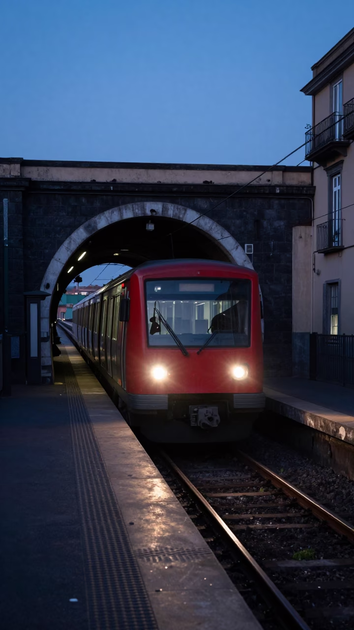 Naples Italy Nautical Dawn Metro Train Emerging from Tunnel into Early Morning Light in in Naples, Italy