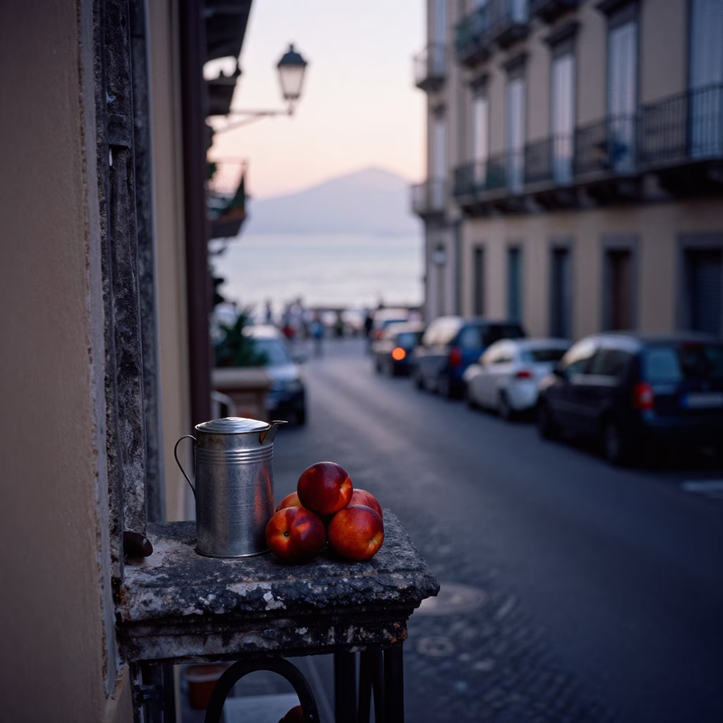 Naples Italy Nautical Dawn Street Scene with Coffee Tin and Nectarines on Balcony in in Naples, Italy