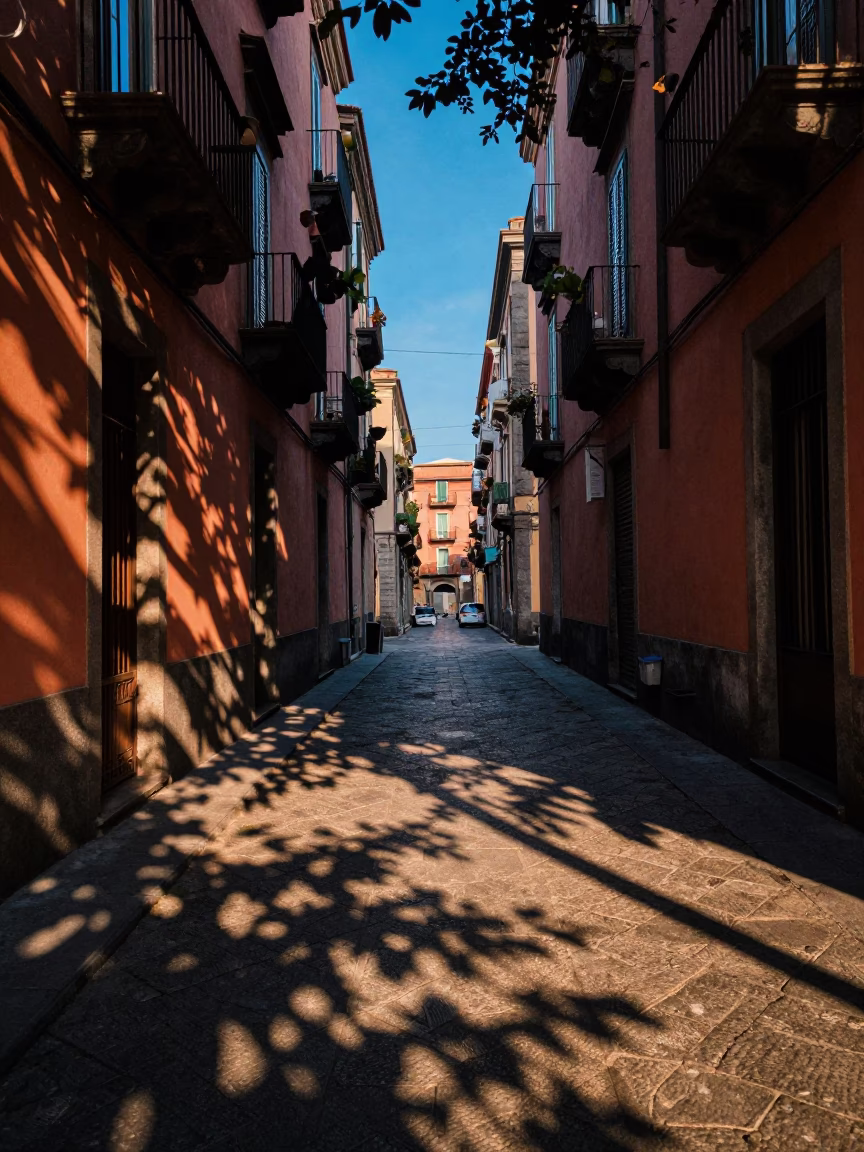 Naples Italy Nautical Dawn Street Scene with Leaf Shadows on Tile and Railway Viaduct in in Naples, Italy