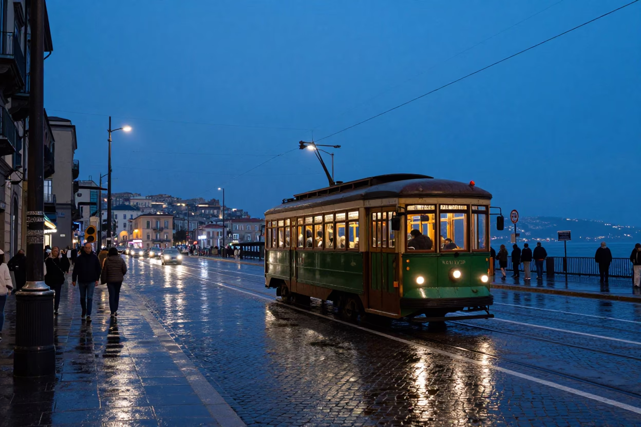 Naples Italy Nautical Dawn Street Scene with Trolley and City Lights in in Naples, Italy