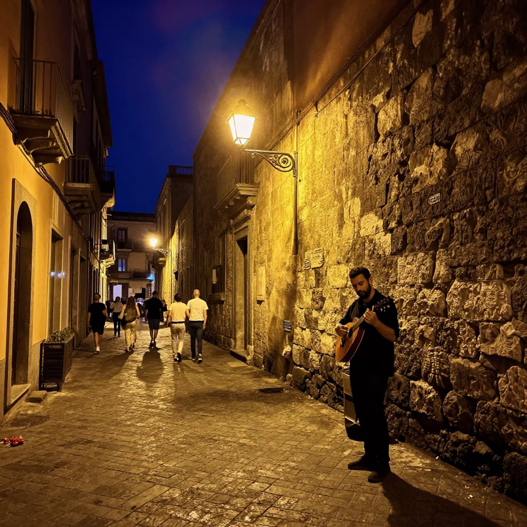 Naples Italy Night Street Scene with Mandolin Player and Lively Crowd in in Naples, Italy