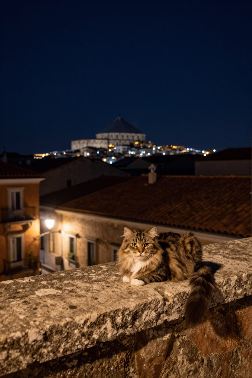 Naples Italy Night Street Scene with Minuet Longhair Cat and Pomegranate Under Deep Sky in in Naples, Italy