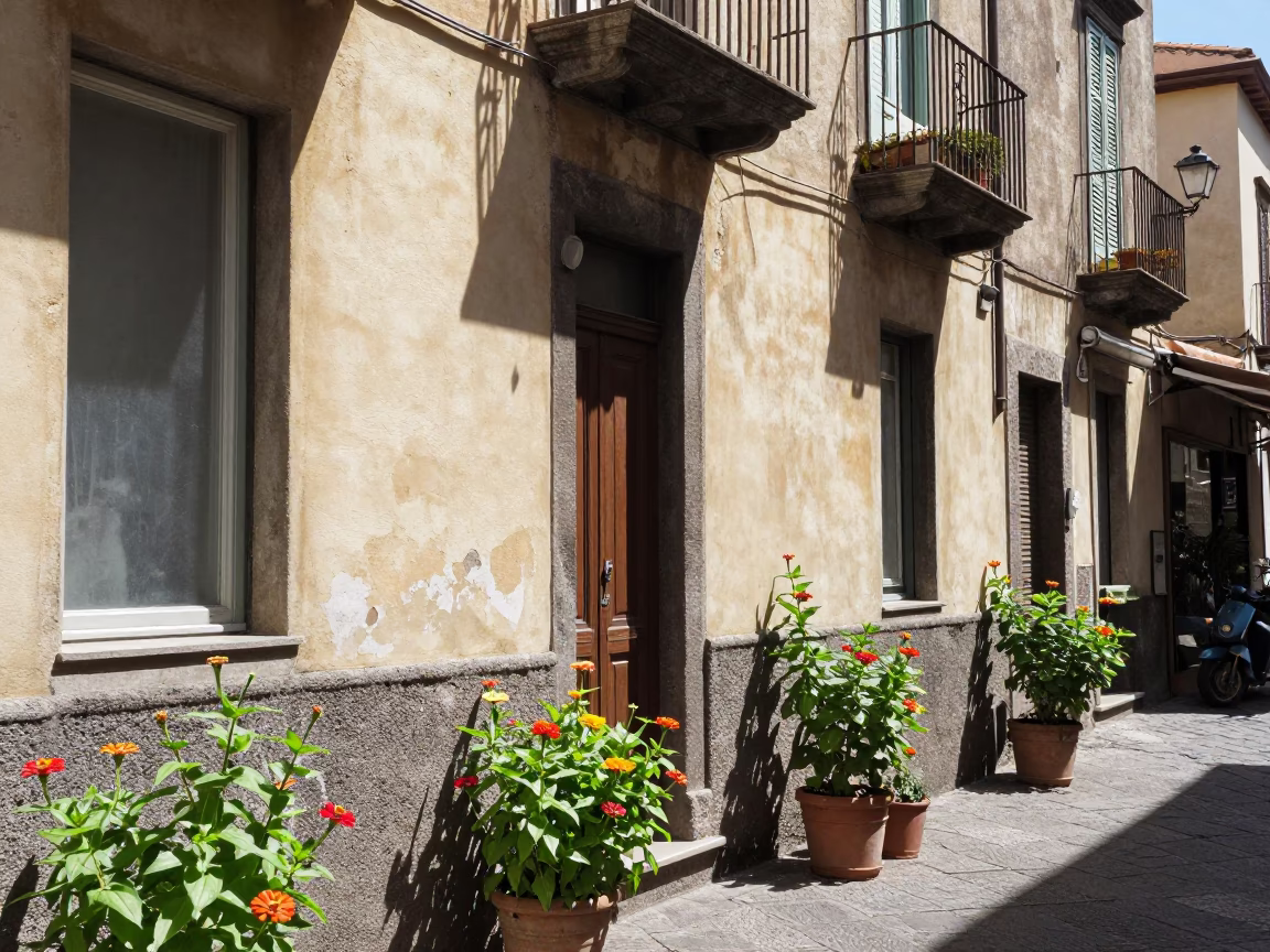 Naples Italy noon light street scene with zinnias and local architecture in in Naples, Italy