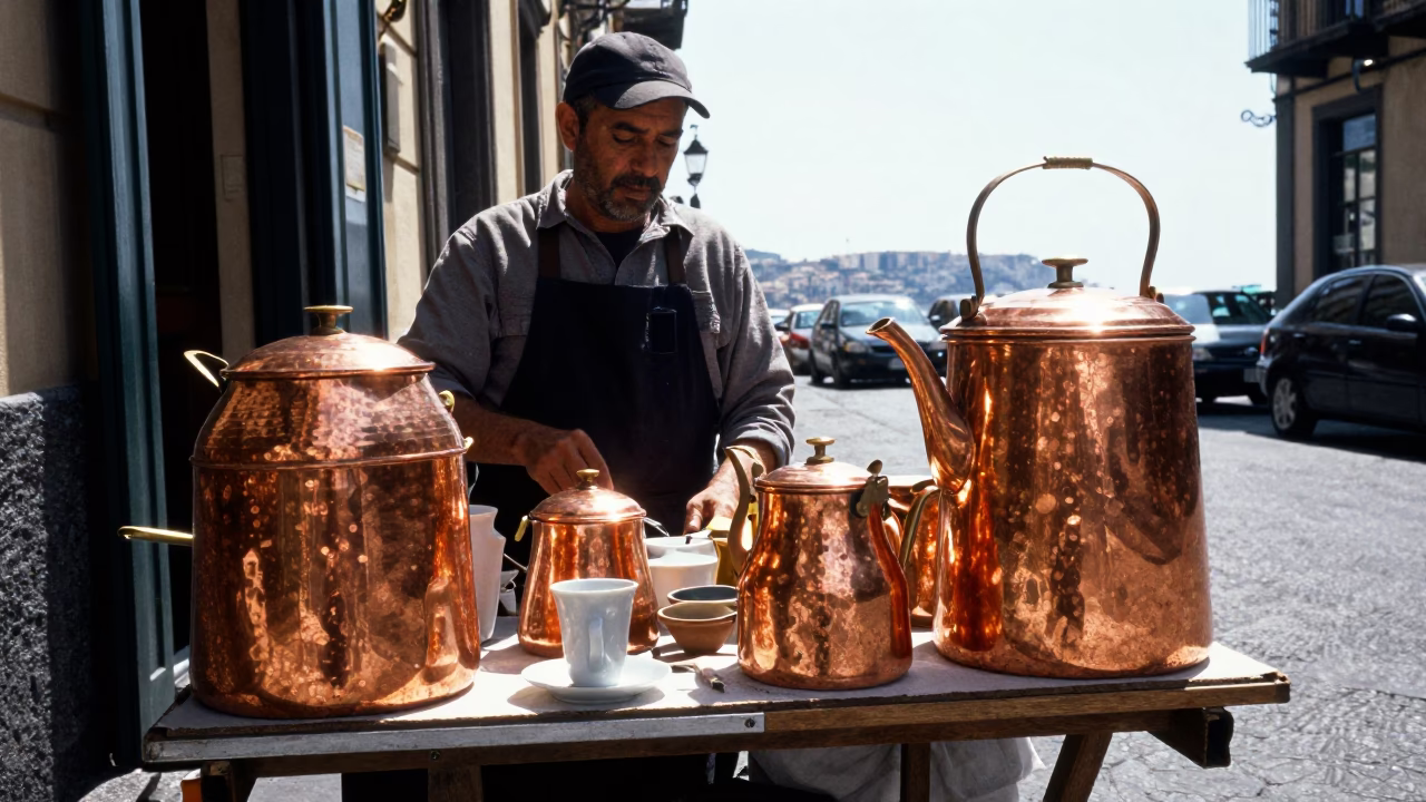 Naples Italy Noon Street Scene with Copper Pots and Tea Utensils in in Naples, Italy