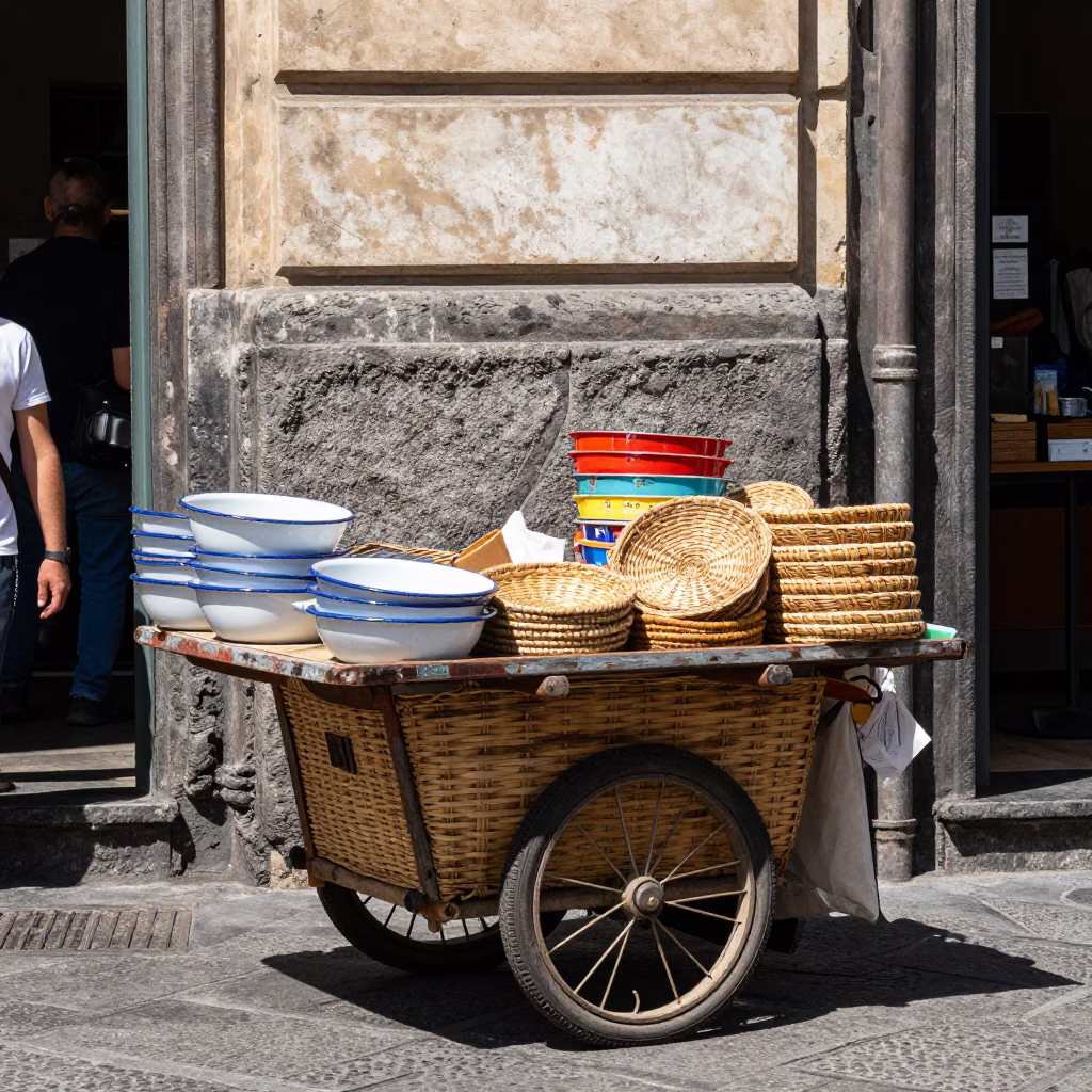 Naples Italy noon street scene with enamel bowls and woven cane texture in in Naples, Italy
