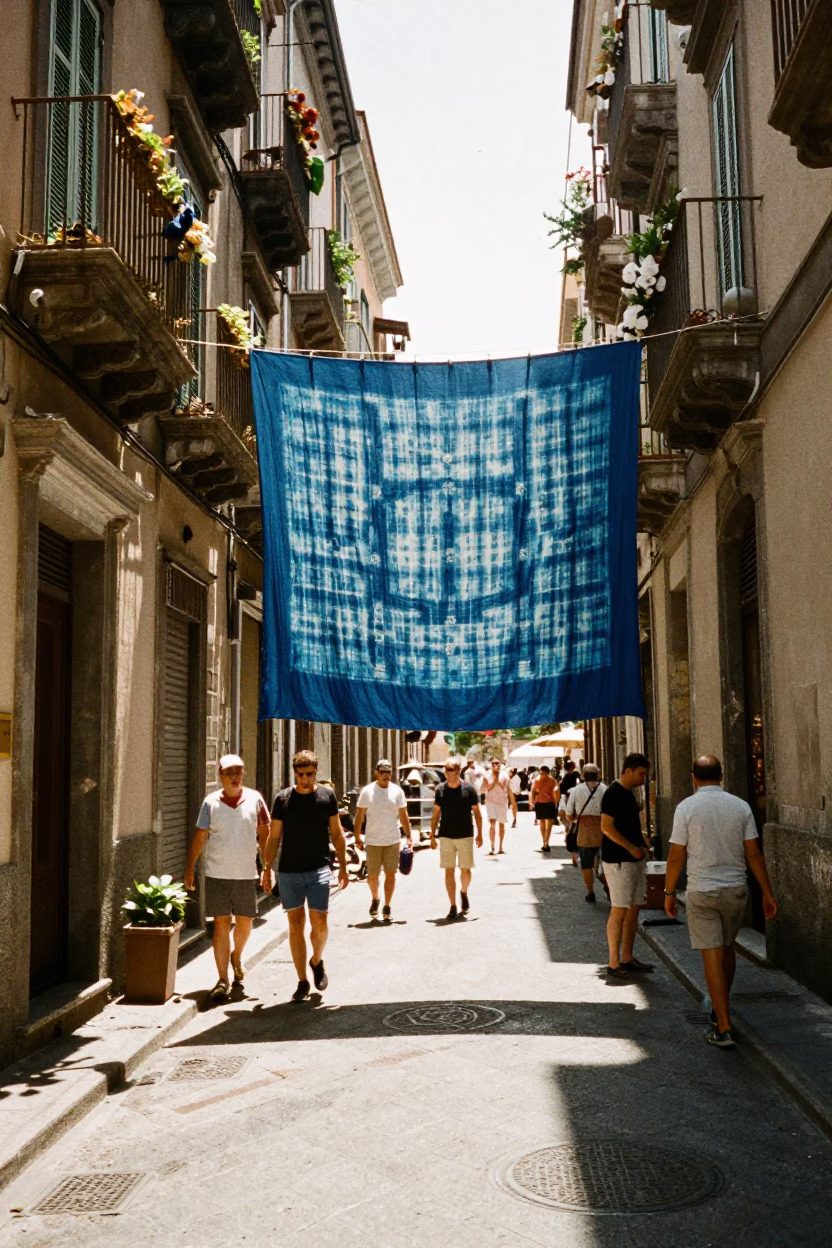 Naples Italy Noon Street Scene with Indigo Fabric and Vintage Tram Reflections in in Naples, Italy