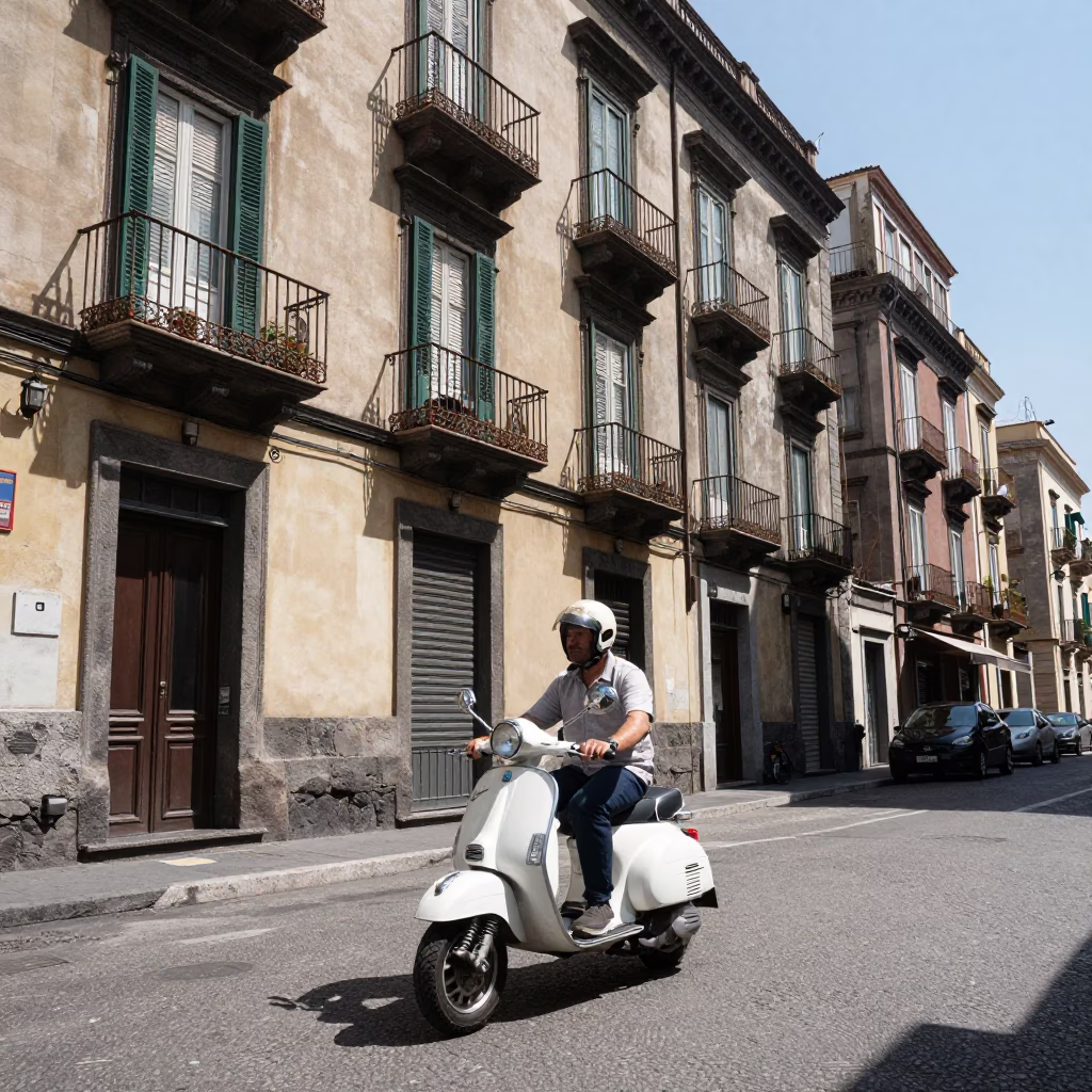 Naples Italy Noon Street Scene with Motorbike and Traditional Balcony in in Naples, Italy