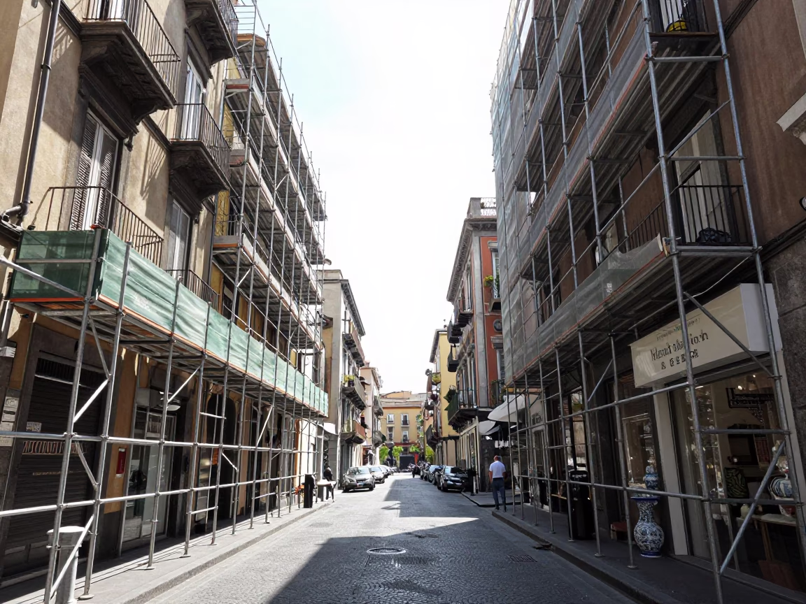 Naples Italy Noon Street Scene with Scaffolding and Ceramic Shop Display in in Naples, Italy