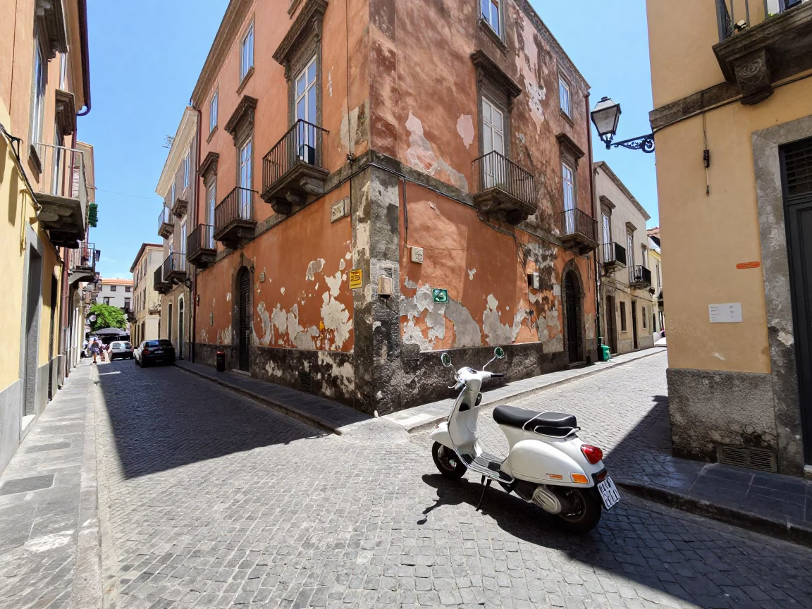 Naples Italy Noon Street Scene with Vintage Scooter and Sunlit Architecture in in Naples, Italy