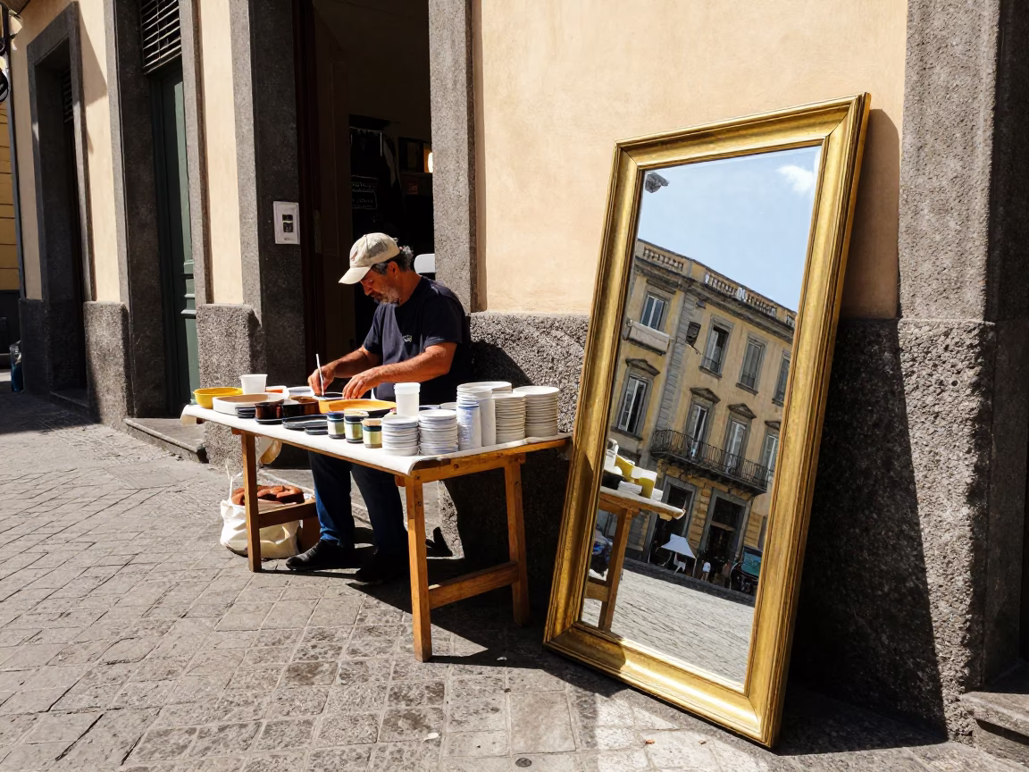 Naples Italy Noon Sunlight Street Scene with Brass Mirror and Kitchen Utensils in in Naples, Italy