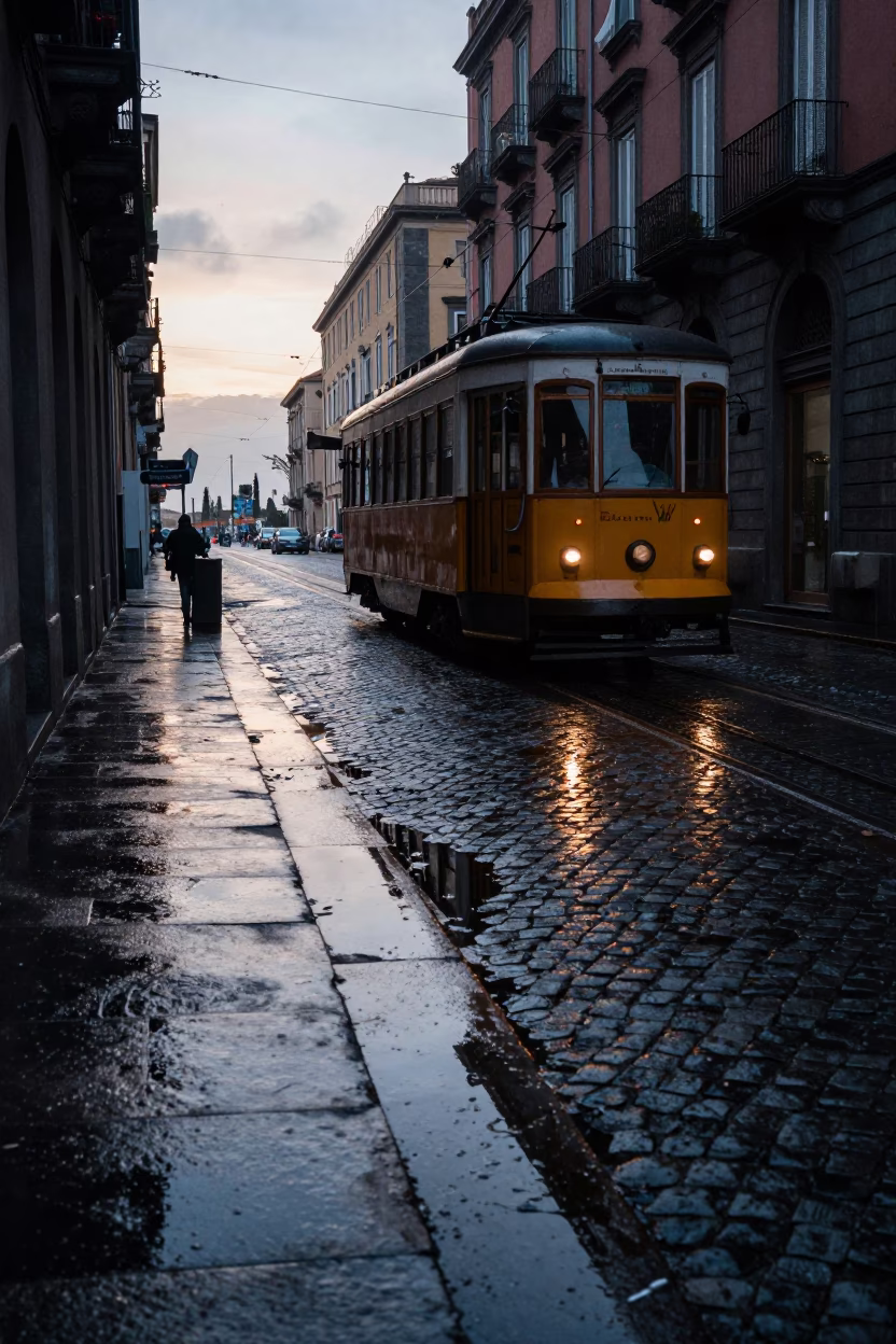Naples Italy Pre-Dawn Cobblestone Street Scene with Tram Reflection and Lichen in in Naples, Italy
