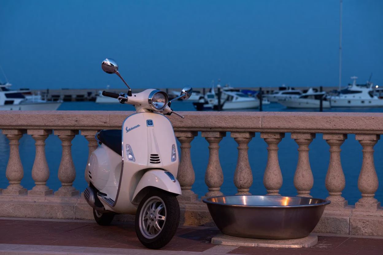 Naples Italy Pre-Dawn Harbor Scooter and Brushed Steel Basin in in Naples, Italy