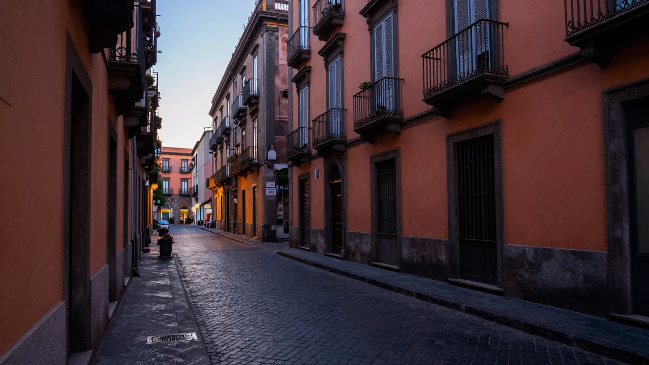Naples Italy Pre-Dawn Street Scene With Colorful Façades And Early Morning Light in in Naples, Italy