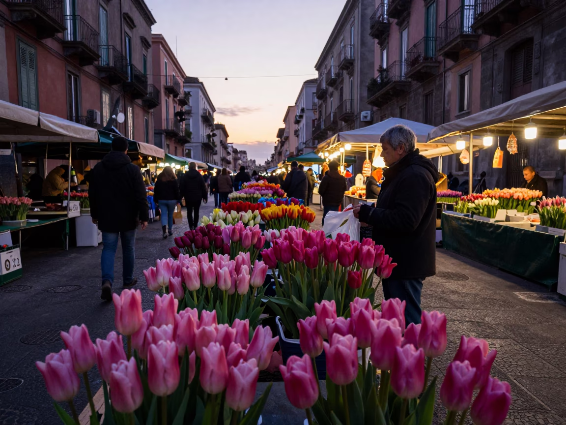 Naples Italy Pre-Dawn Street Scene with Colorful Tulips and Local Market Activity in in Naples, Italy