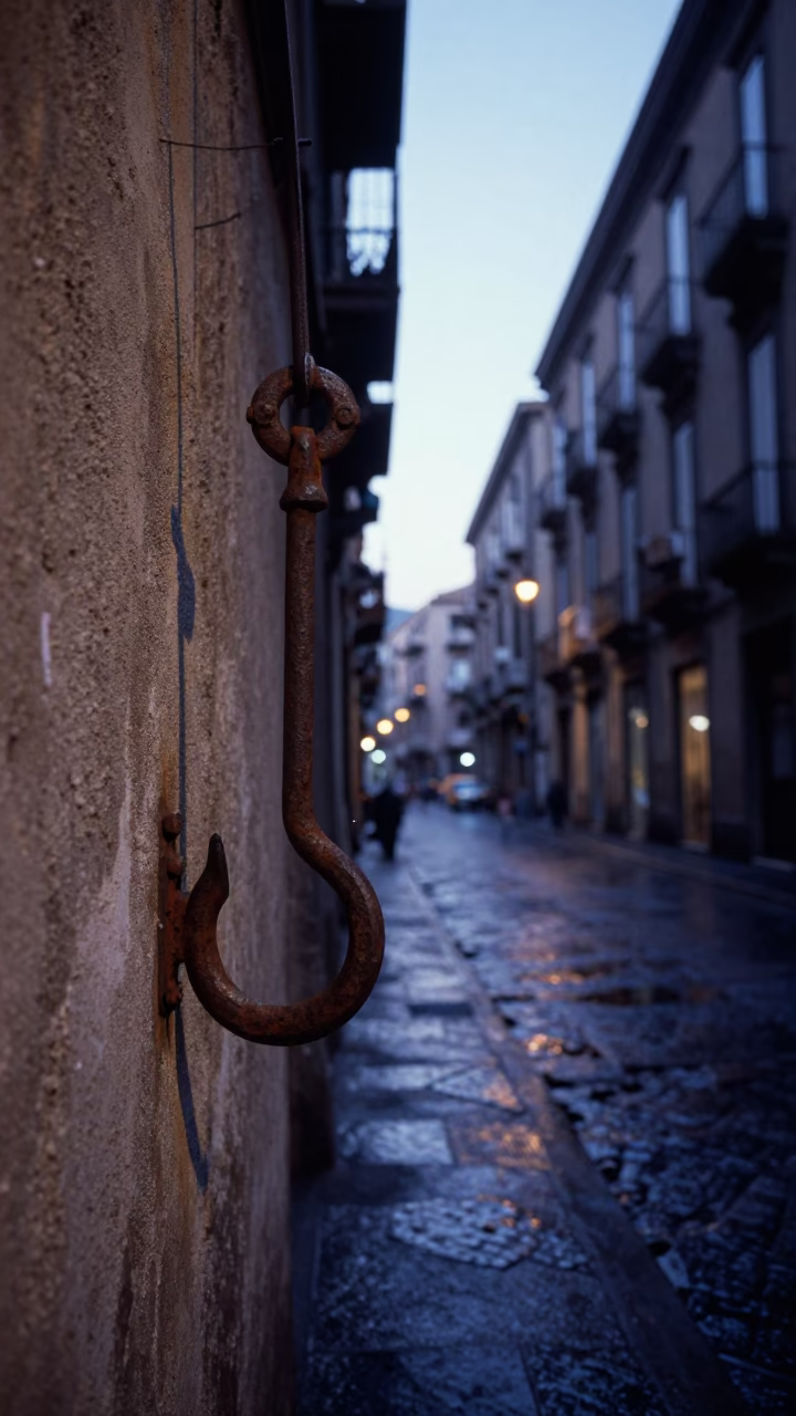 Naples Italy pre-dawn street scene with iron hook and wet cobblestones before sunrise in in Naples, Italy