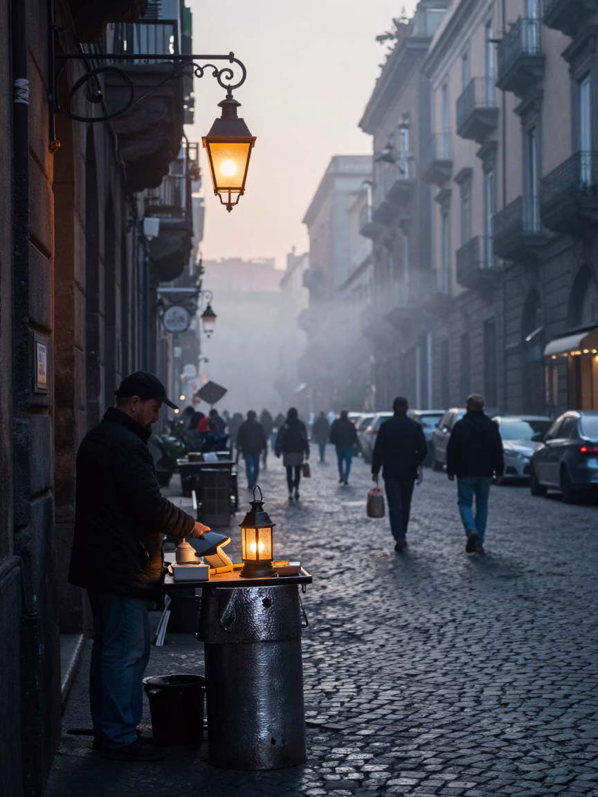 Naples Italy Pre-Dawn Street Scene with Lantern and Hammered Metal in in Naples, Italy