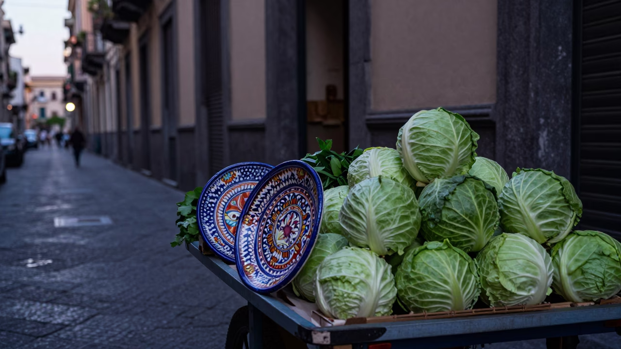 Naples Italy pre-dawn street scene with majolica plates and cabbages in in Naples, Italy