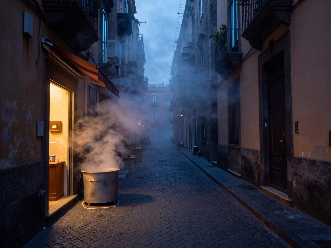 Naples Italy Pre-Dawn Street Scene with Steam Haze and Traditional Morning Rituals in in Naples, Italy