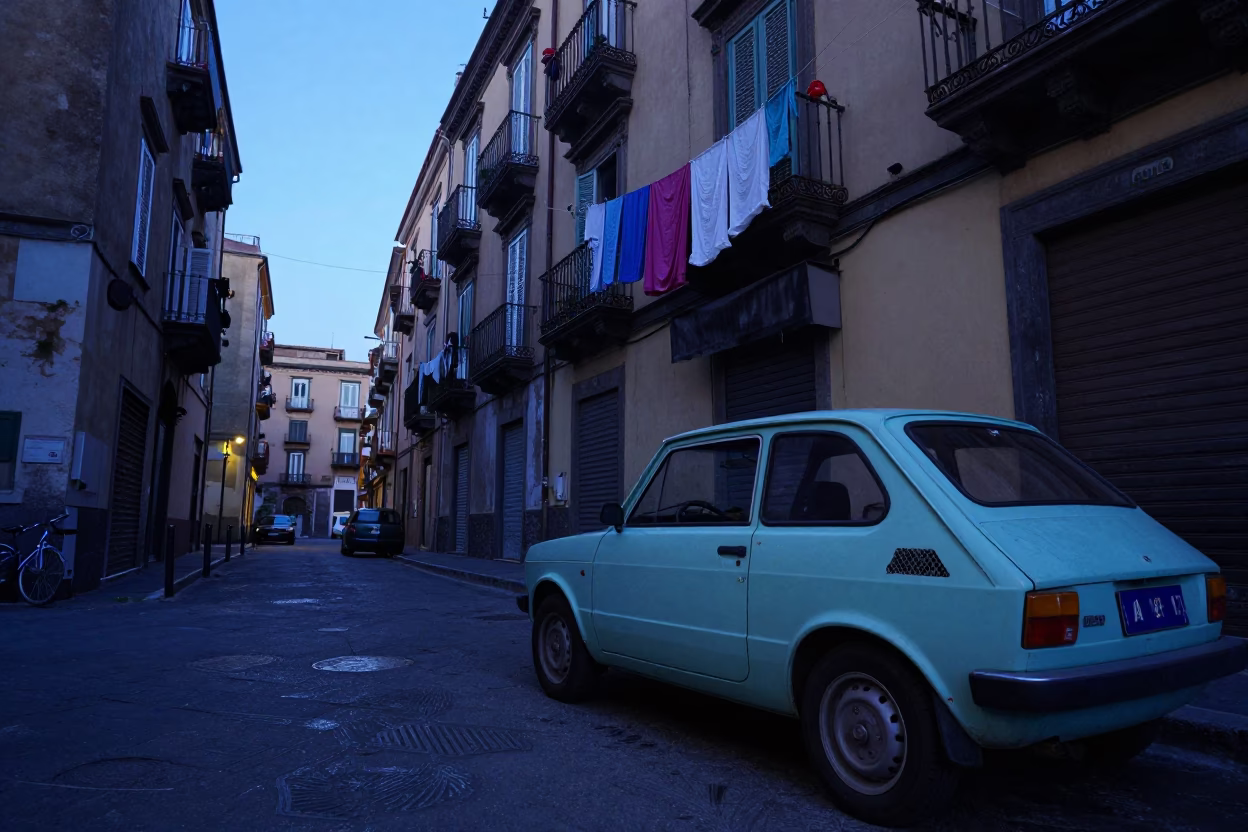 Naples Italy pre-dawn street scene with vintage 1980s aesthetic and local morning routine in in Naples, Italy