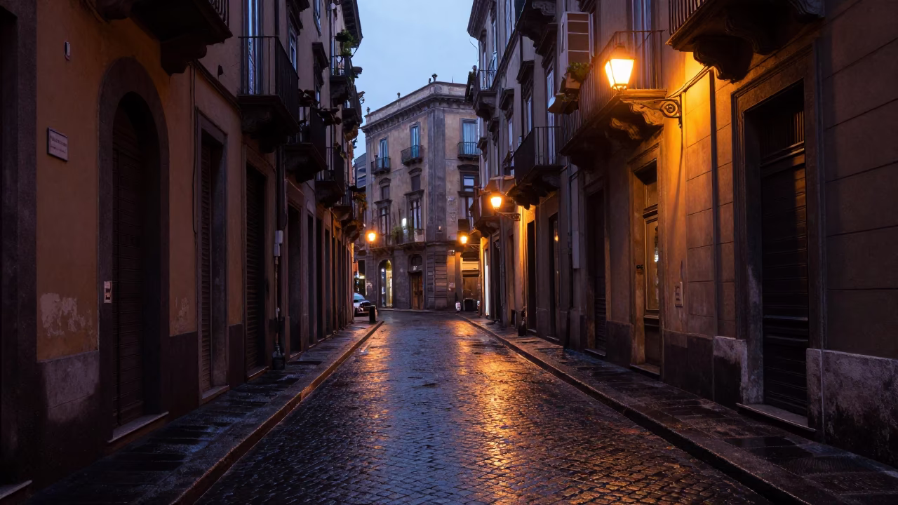 Naples Italy pre-dawn street scene with wet cobblestones and historic architecture in in Naples, Italy