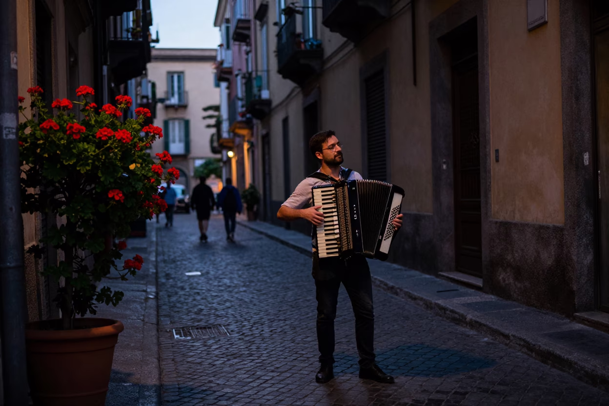 Naples Italy Predawn Street Scene with Accordion Player and Geraniums in in Naples, Italy