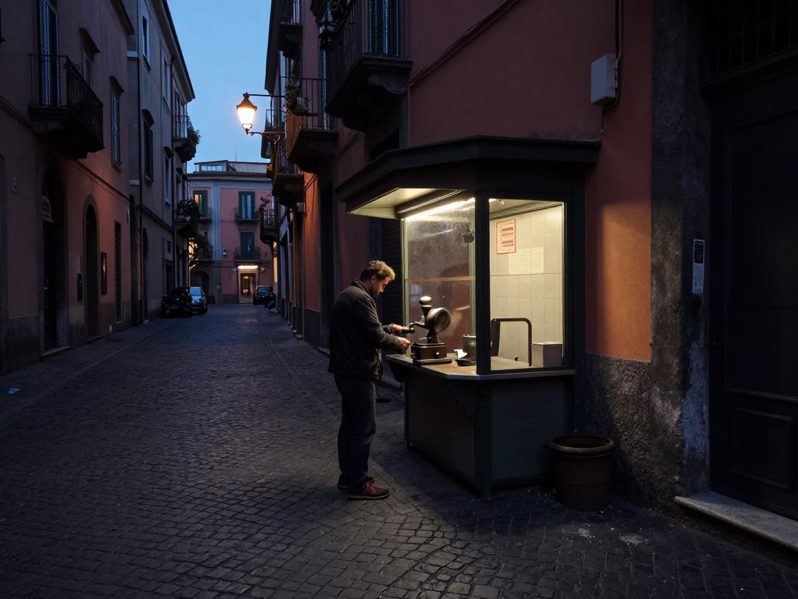 Naples Italy Predawn Street Scene with Coffee Grinder and Sealyham Terrier in in Naples, Italy