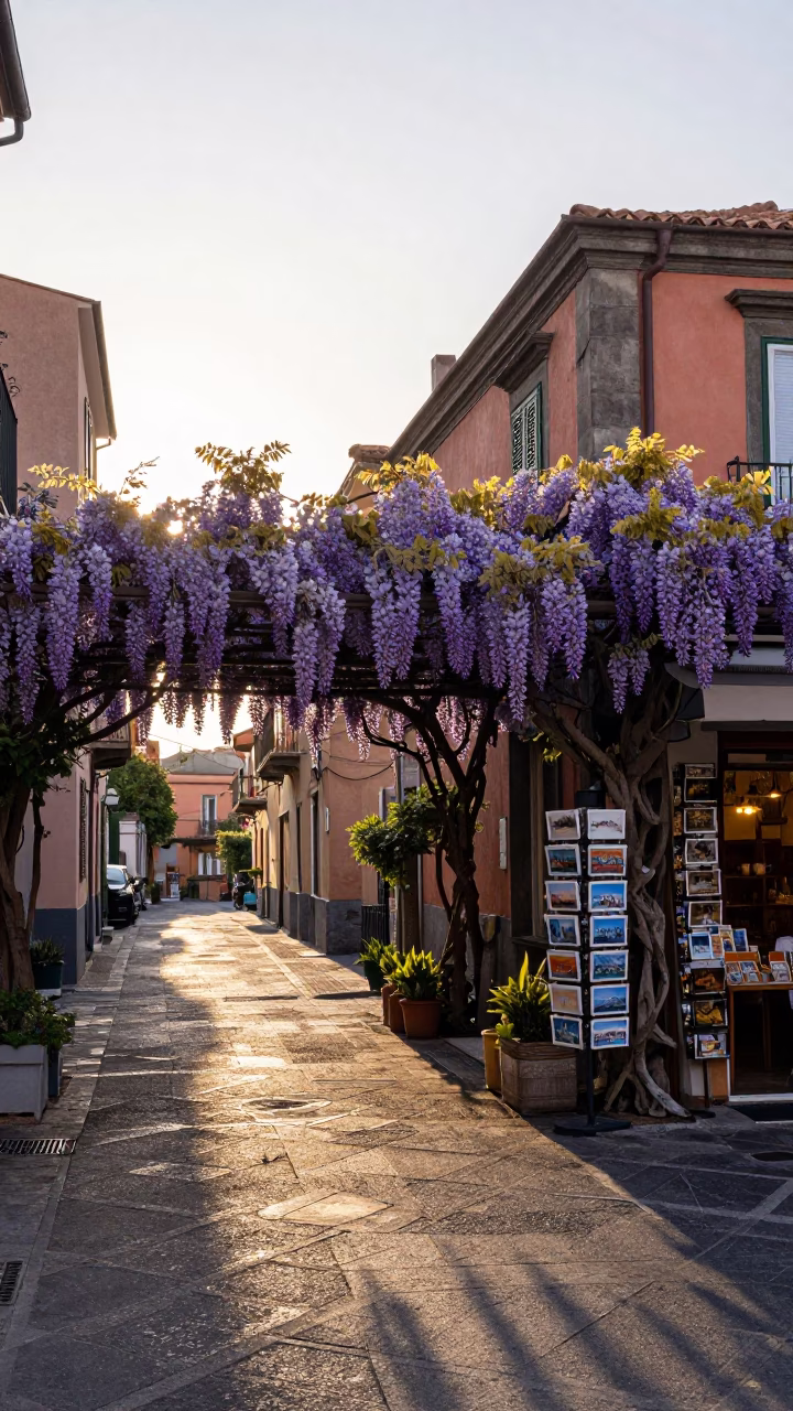 Naples Italy Street Scene After Sunrise with Wisteria Pergola and Local Commerce in in Naples, Italy