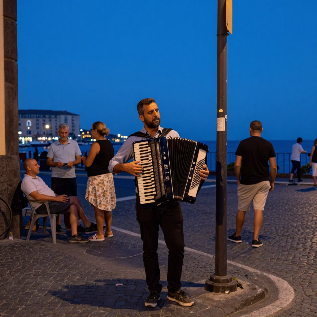 Naples Italy street scene at blue hour with accordion player and locals in in Naples, Italy