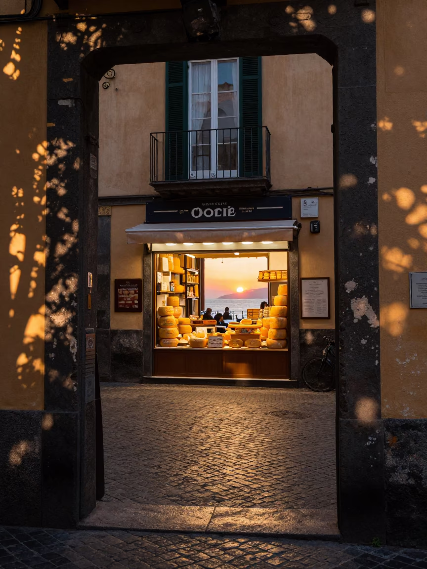 Naples Italy street scene at dusk with cheese display and leaf shadows in in Naples, Italy