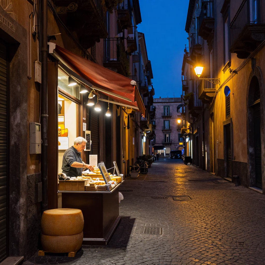Naples Italy Street Scene at Dusk with Cheese Wheel and Lantern in in Naples, Italy