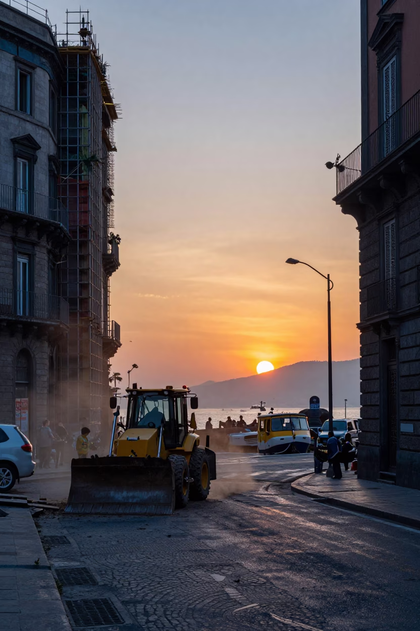 Naples Italy street scene at dusk with construction and daily life in in Naples, Italy