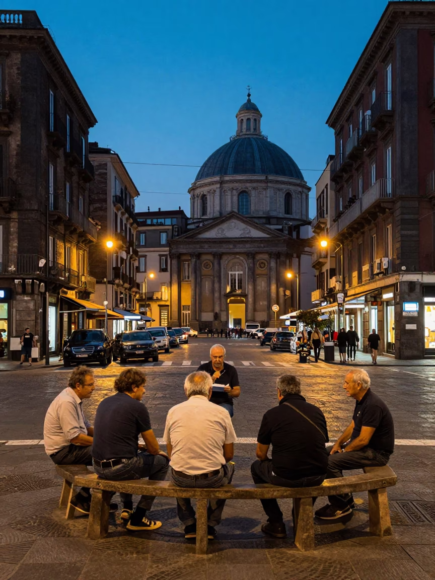 Naples Italy street scene at dusk with domino players and city lights in in Naples, Italy