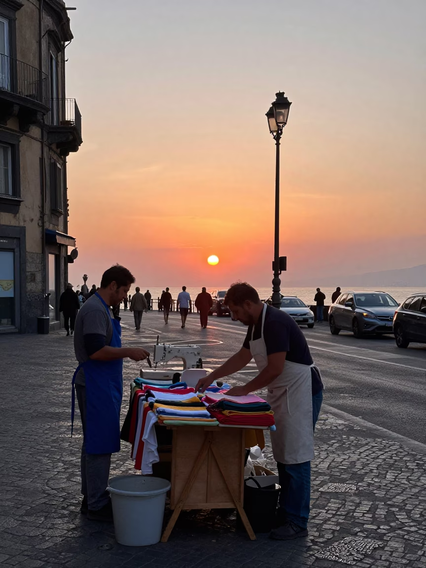 Naples Italy Street Scene at Sunset with Aprons and Sewing Baskets in in Naples, Italy