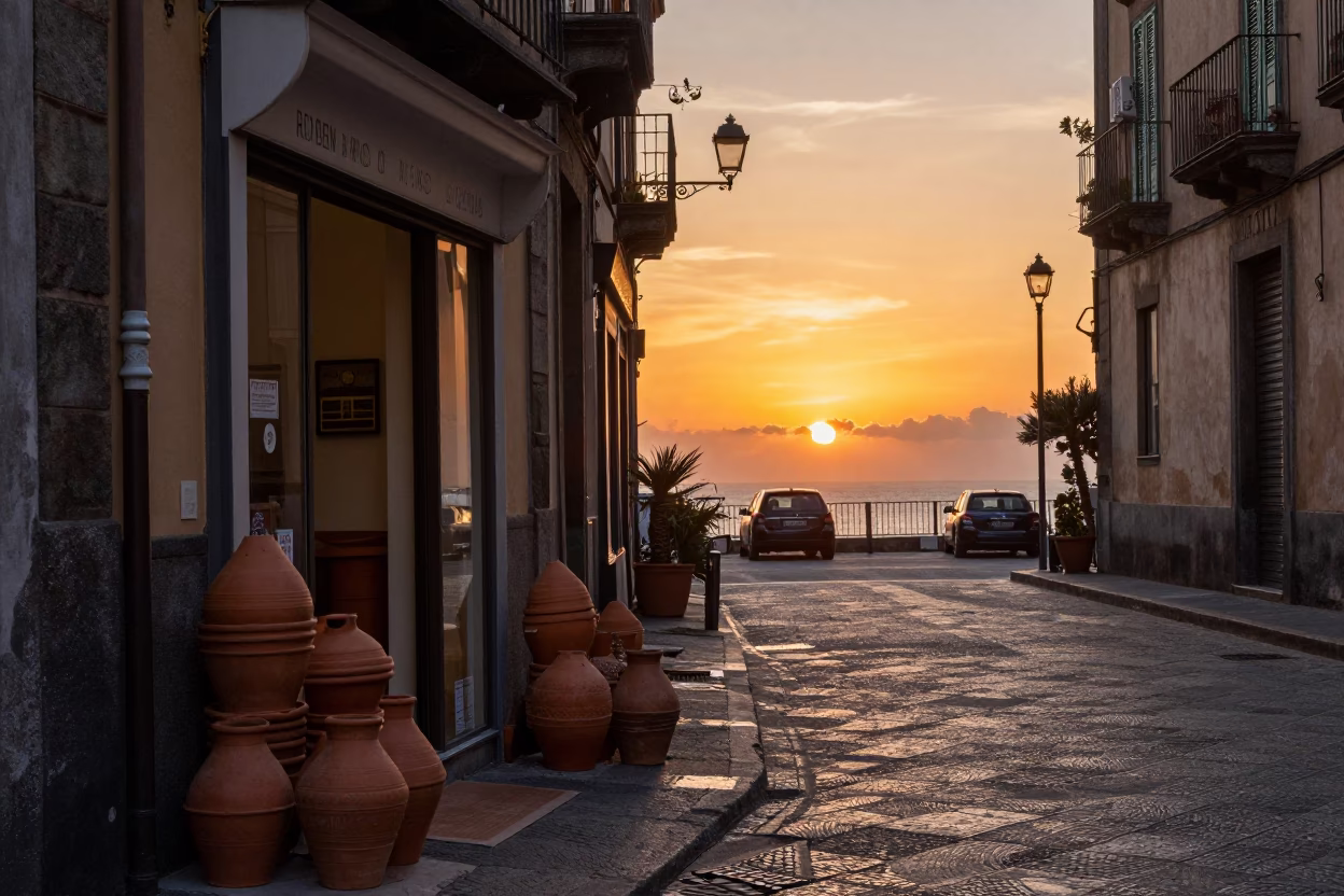 Naples Italy Street Scene at Sunset with Clay Pots and Rattan Stool in in Naples, Italy