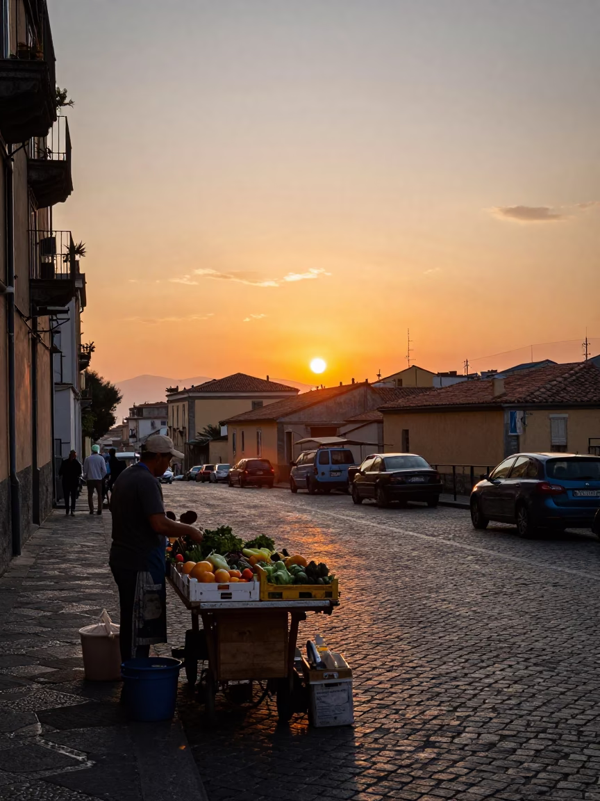 Naples Italy Street Scene at Sunset with Local Market Goods and Historic Architecture in in Naples, Italy