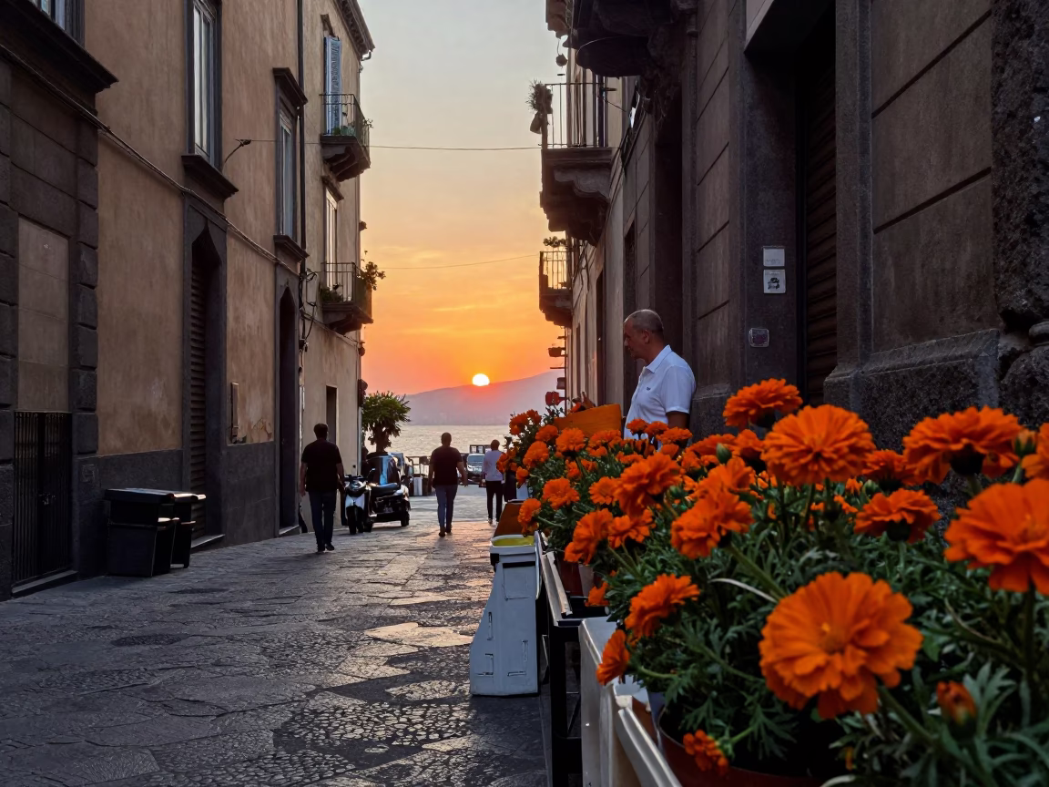 Naples Italy street scene at sunset with orange flowers and local life in in Naples, Italy