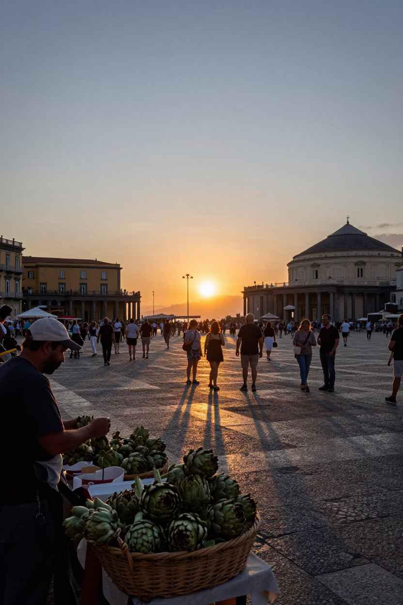 Naples Italy street scene at sunset with tourists and historic architecture in in Naples, Italy