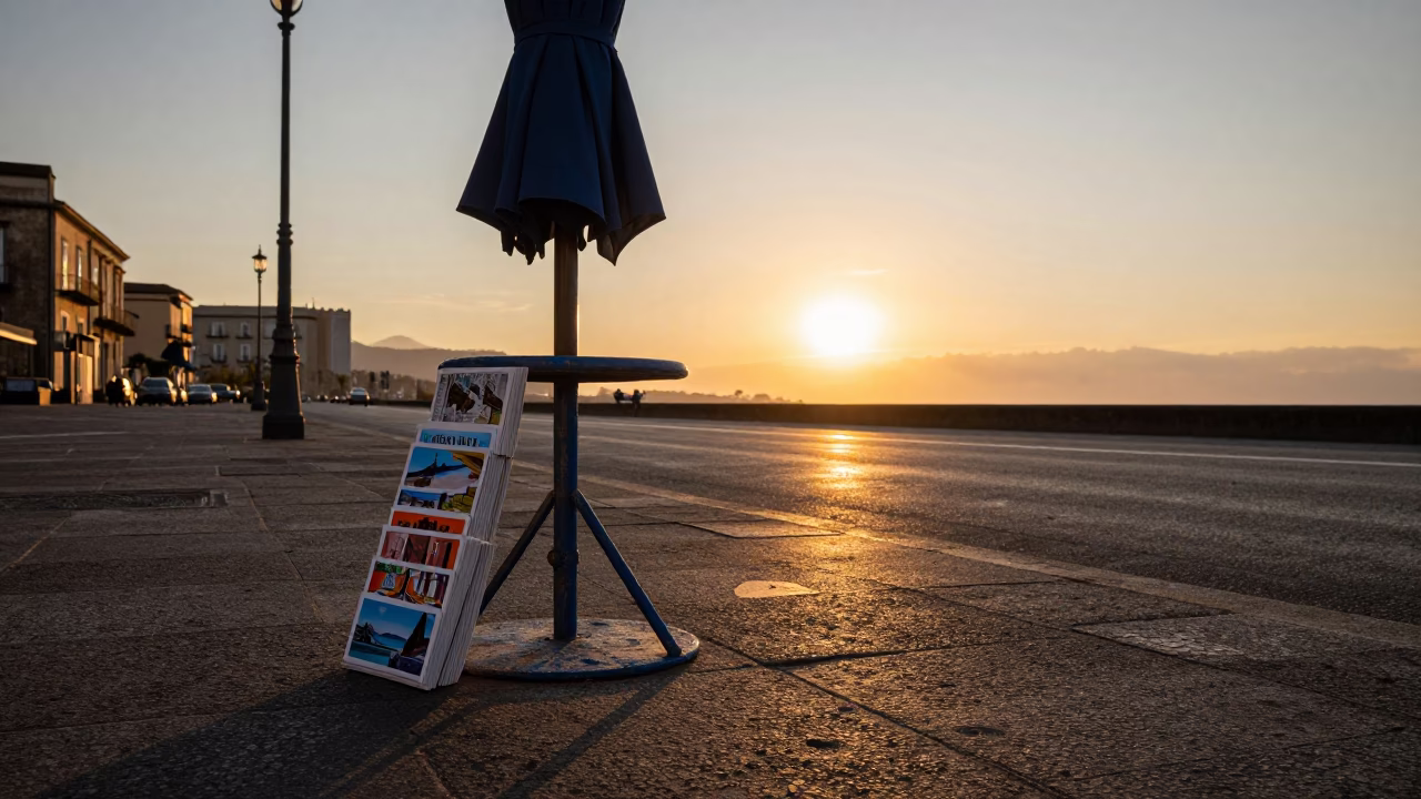 Naples Italy Street Scene at Sunset with Umbrella Stand and Postcards in in Naples, Italy