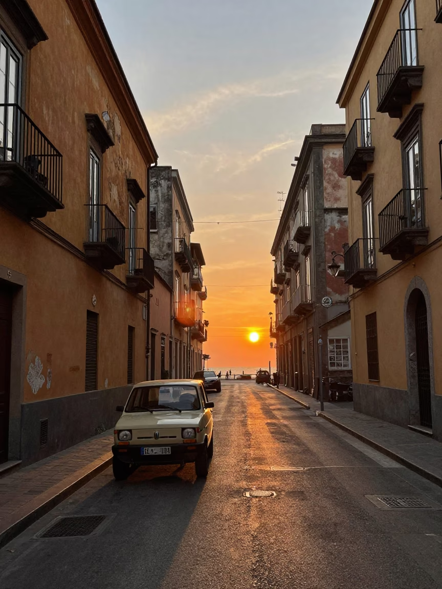 Naples Italy Street Scene at Sunset with Vintage 1980s Color Film Aesthetic in in Naples, Italy
