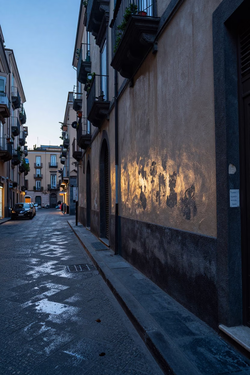 Naples Italy Street Scene Before Dawn with Grease Sheen on Wall and Linen Napkin in in Naples, Italy
