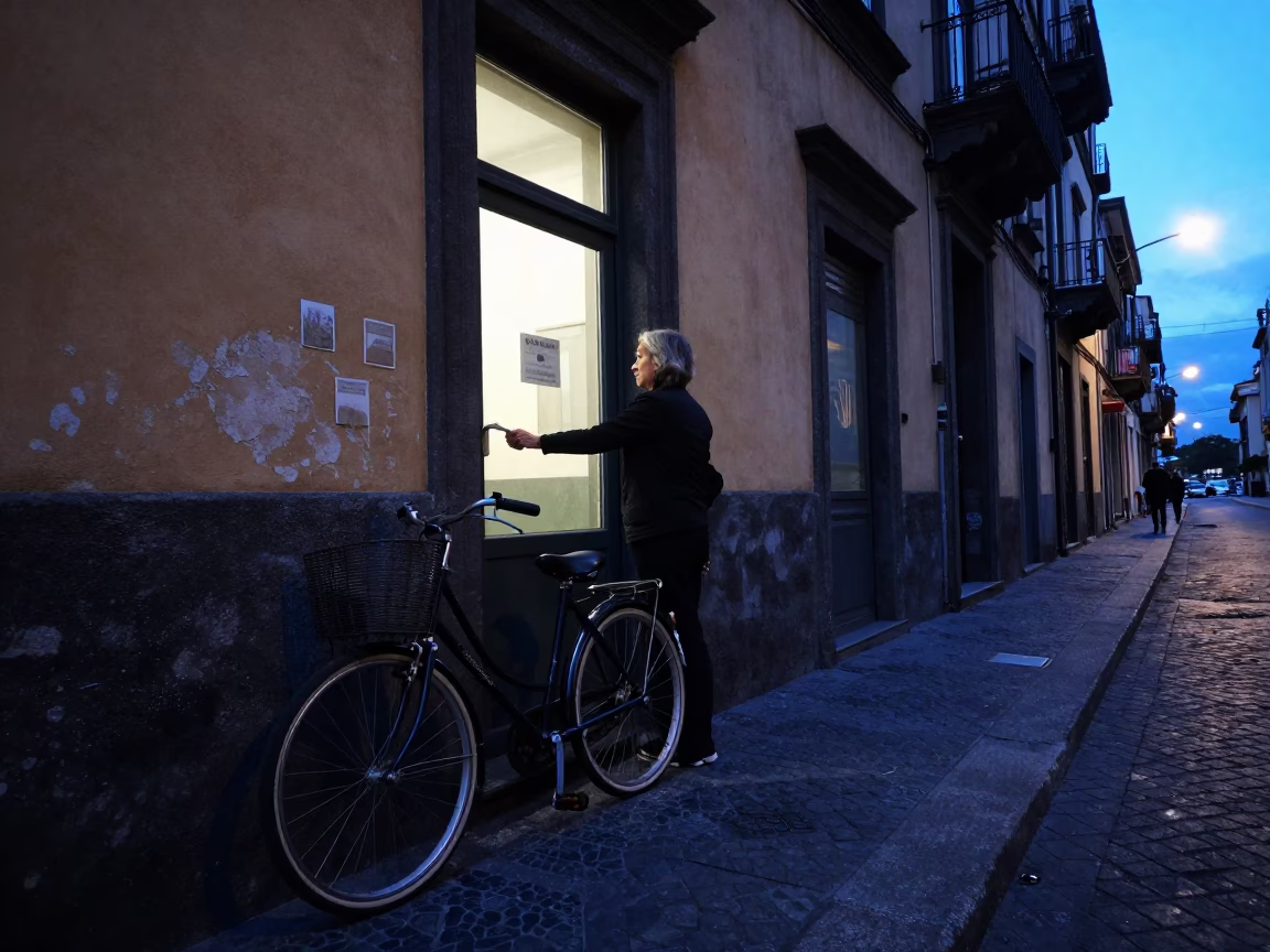 Naples Italy street scene before dawn with teacher unlocking school library in in Naples, Italy