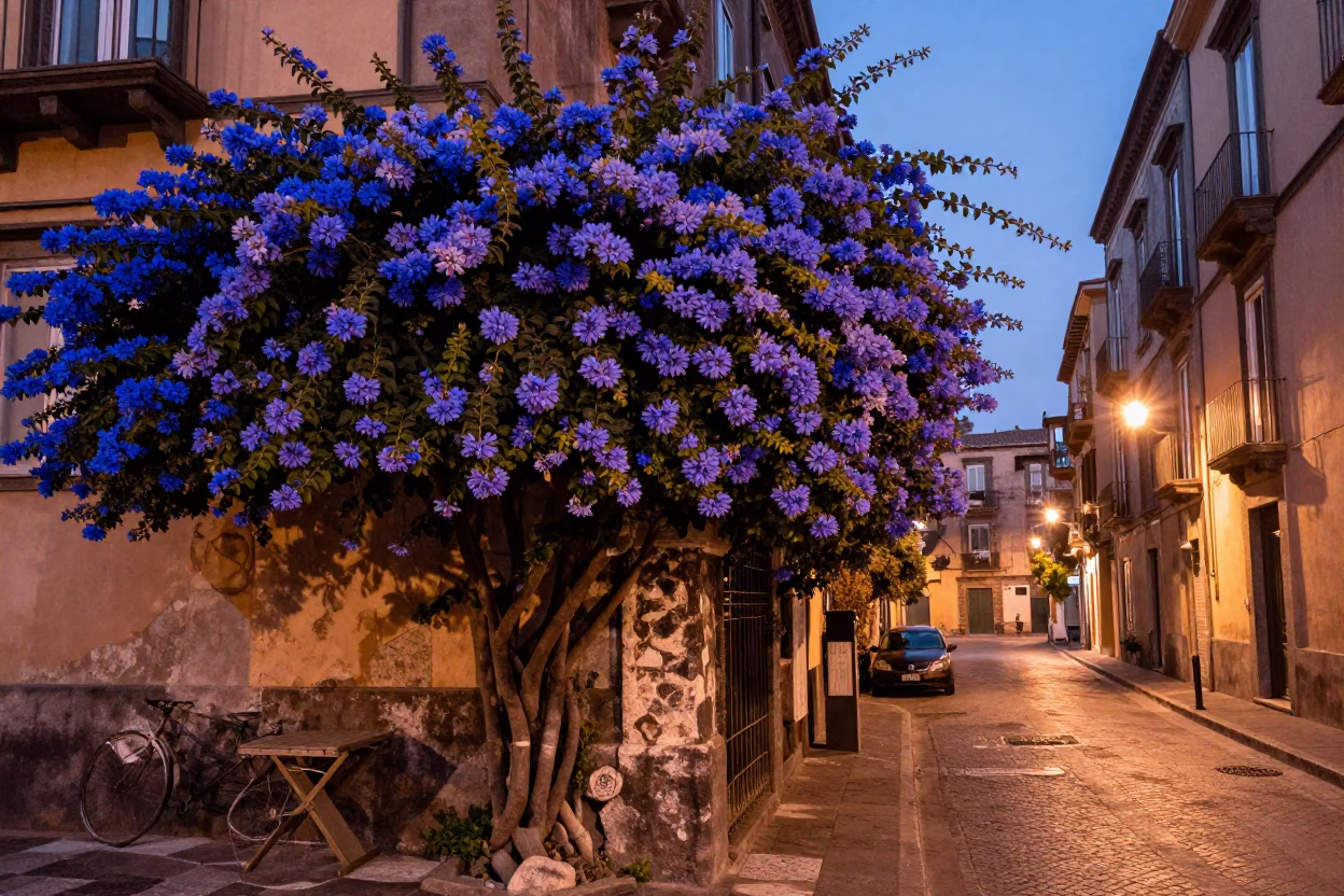 Naples Italy Street Scene Before Dusk With Plumbago Hedge And Old Doorframe in in Naples, Italy