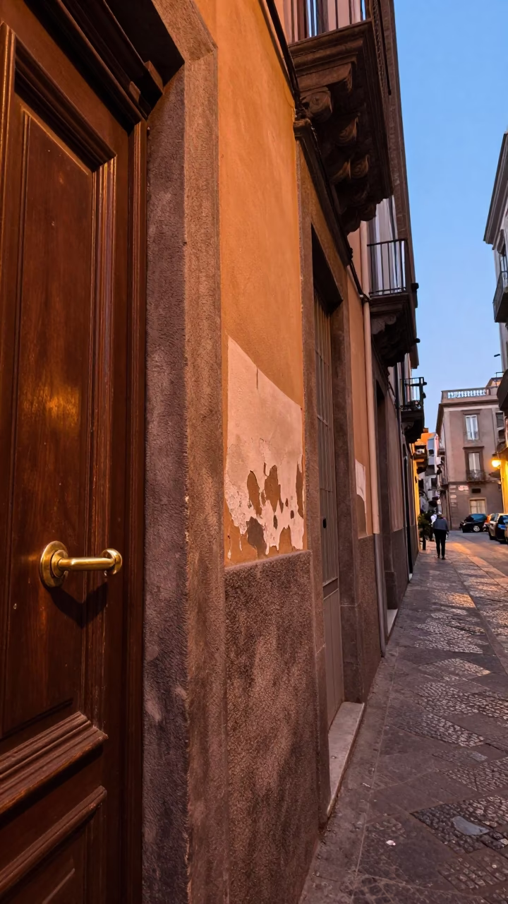 Naples Italy Street Scene Before Dusk with Polished Brass Handle and Basket in in Naples, Italy