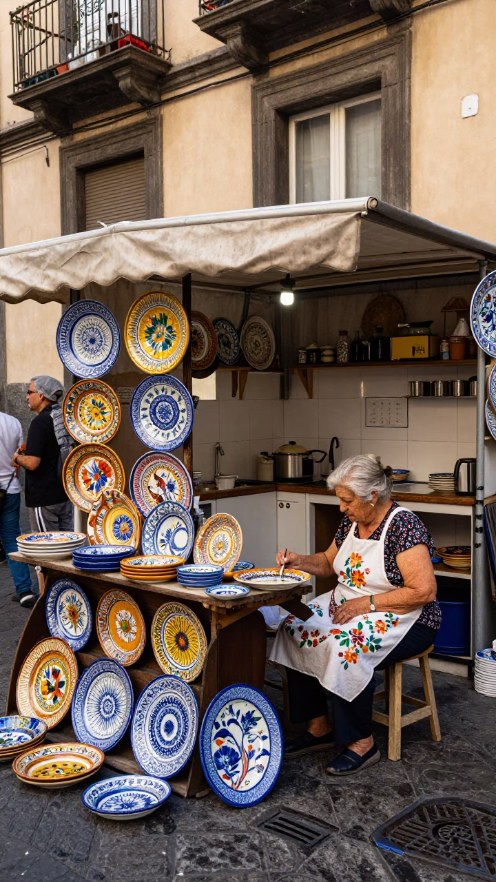 Naples Italy Street Scene Early Afternoon Majolica Plates and Kitchen Stool Vendor in in Naples, Italy