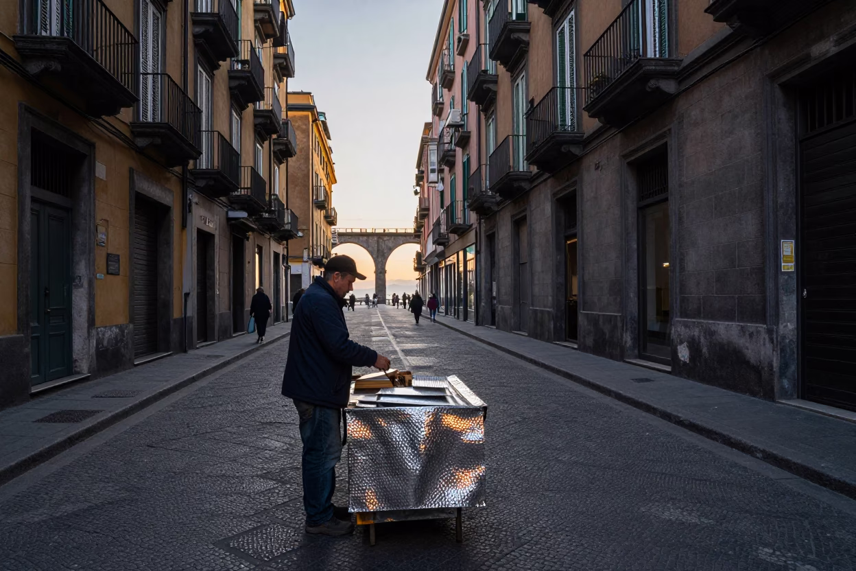 Naples Italy Street Scene First Light Hammered Metal and Viaduct Arch in in Naples, Italy