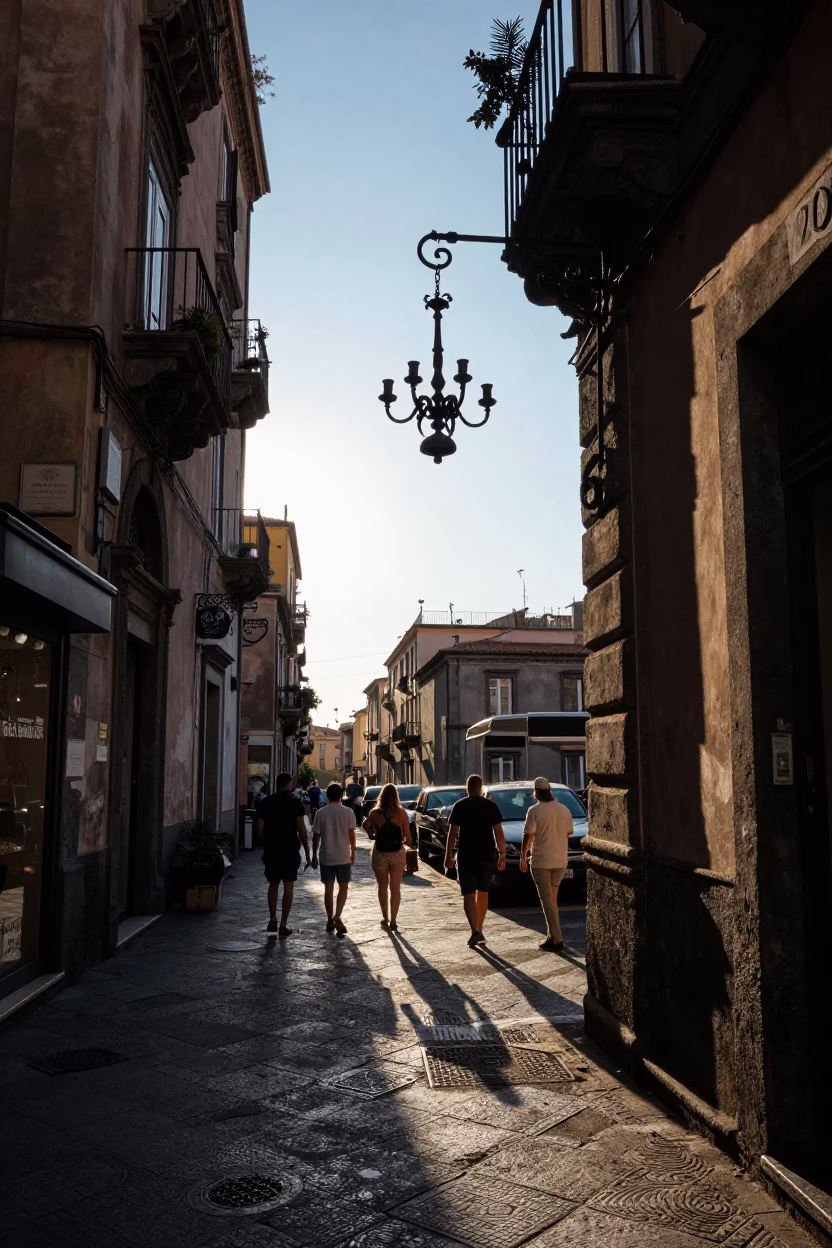 Naples Italy Street Scene Late Afternoon Light with Candelabra and Basket in in Naples, Italy